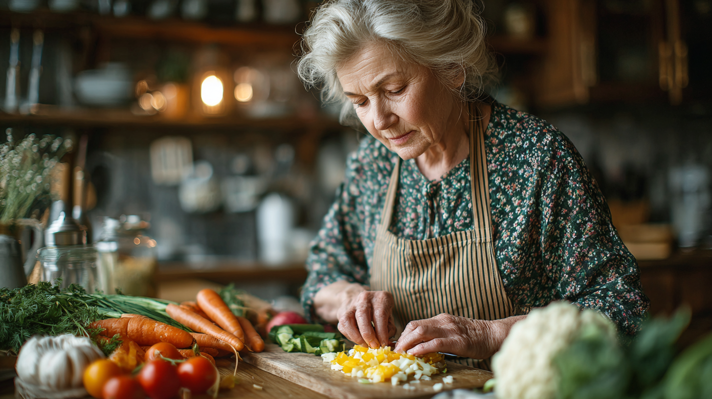Възрастна двойка се усмихва докато готви здравословно ястие